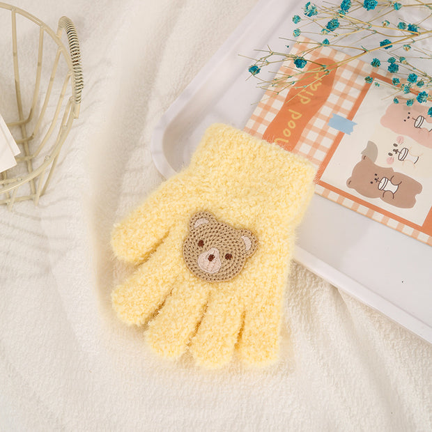 Children's Gloves Autumn And Winter New Warm Cold-proof Fleece Cute Cartoon Bear Five Fingers