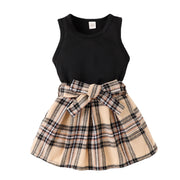 Solid Color Tank Top Plaid Skirt Girls Suit