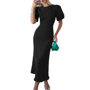 Lantern Sleeve Waist Trimming Fashion Slim Long Dress