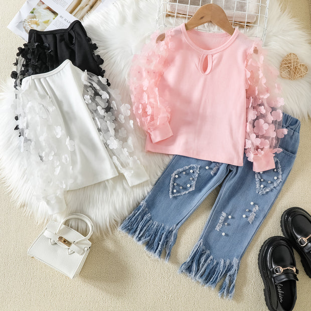 Girls Mesh Stitching Top Tassel Fur Trim Jeans Set