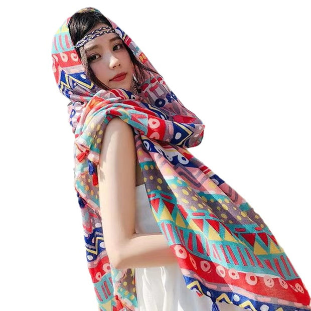 Women's Ethnic Style Shawl Sun Protection Twill Cotton Tassel Scarf