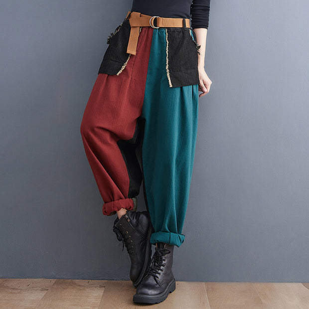 Personality Contrast Color Stitching Denim Trousers For Women