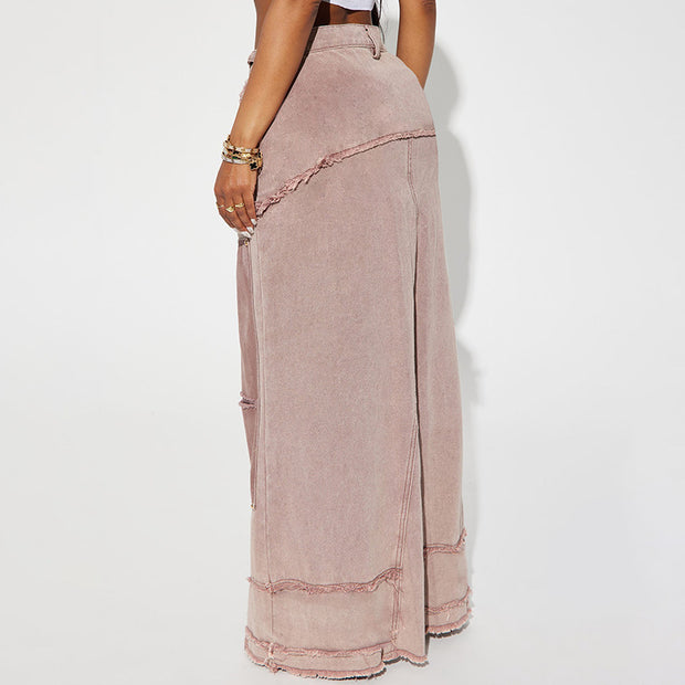 Washed Contrast Color Irregular Denim Skirt Frayed Pocket Slit