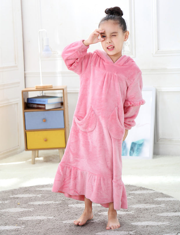 Warm Coral Fleece Double Sided Girls Long Moon Pocket Hooded Nightdress