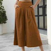 Cotton Elastic Waist Wide Leg Cropped Workwear With Pocket