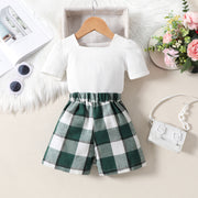 Rib Fabric Puff Short Sleeve Top Irregular Plaid Short Pantskirt Suit