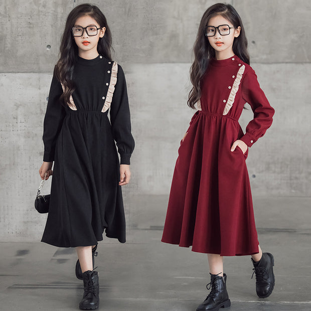 Girls' Dress With Standing Collar And Waist