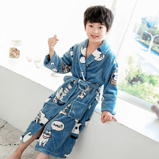 Children's Nightgown Boy's Bathrobe Flannel Thickened Coral Fleece Pajamas Home Service