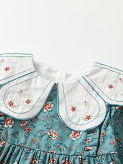 Peacock Blue Girl Floral Autumn Baby Girl Petal Collar Princess Dress Children's Clothing