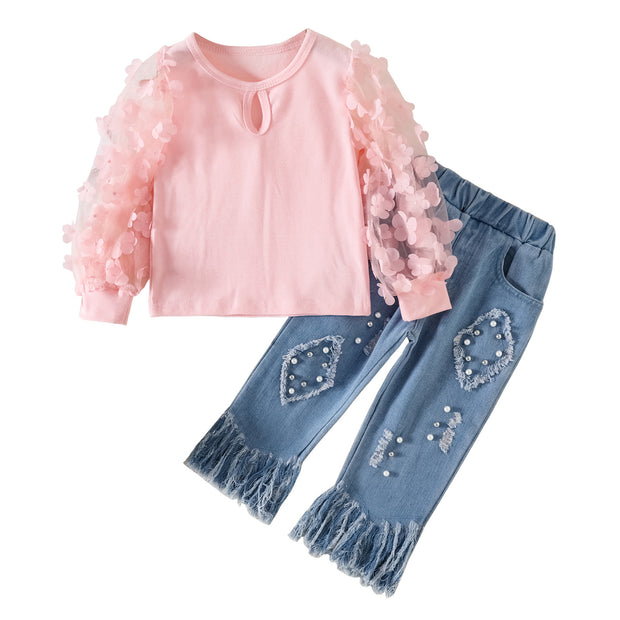 Girls Mesh Stitching Top Tassel Fur Trim Jeans Set