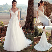 High U-neck Lace Long Sleeve A- Line Long Tail Simple Wedding Dress