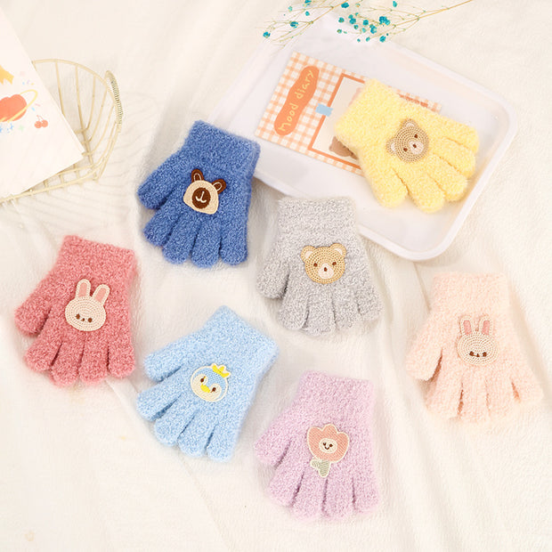 Children's Gloves Autumn And Winter New Warm Cold-proof Fleece Cute Cartoon Bear Five Fingers