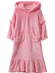 Warm Coral Fleece Double Sided Girls Long Moon Pocket Hooded Nightdress