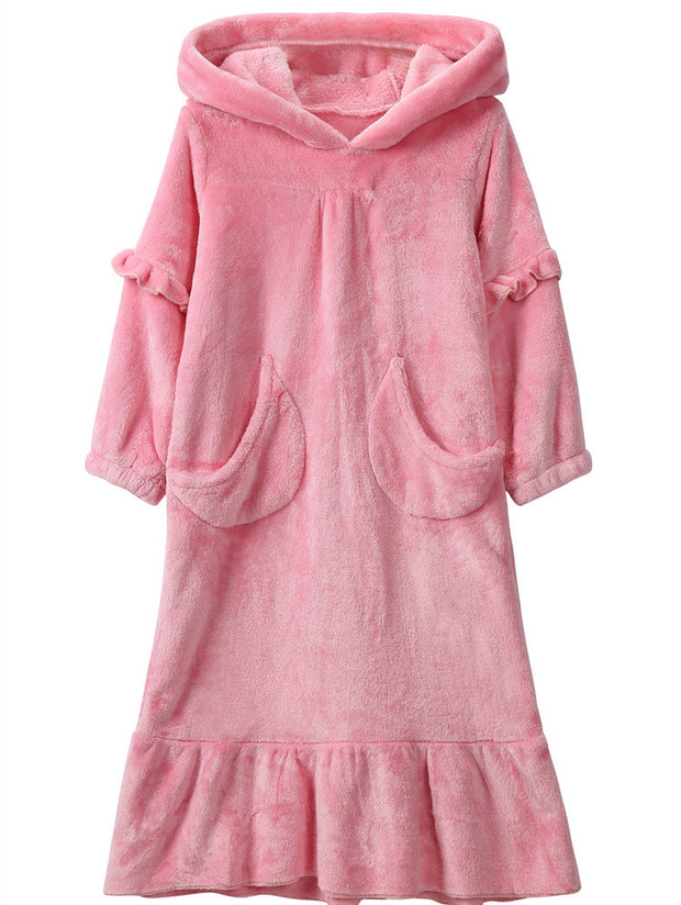 Warm Coral Fleece Double Sided Girls Long Moon Pocket Hooded Nightdress