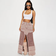 Washed Contrast Color Irregular Denim Skirt Frayed Pocket Slit