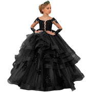 Girls' Long-sleeved Lace Performance Birthday Princess Pettiskirt Tiered-Ruffle Long Dress