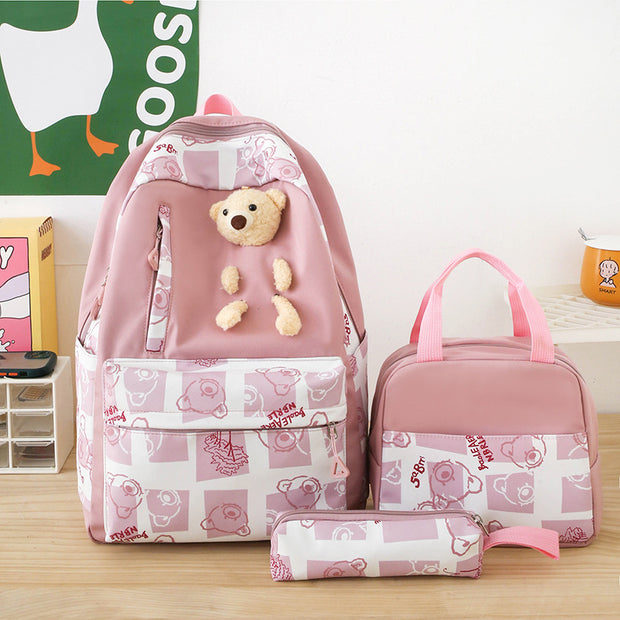 Elementary And Middle School Student Schoolbags Women's Cute Bear Lunch Box Three-piece Set