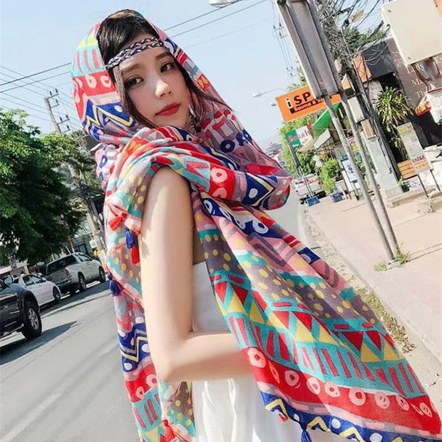 Women's Ethnic Style Shawl Sun Protection Twill Cotton Tassel Scarf