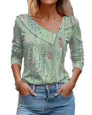 V-neck Long Sleeve T-shirt Floral Print Casual Women's Tops