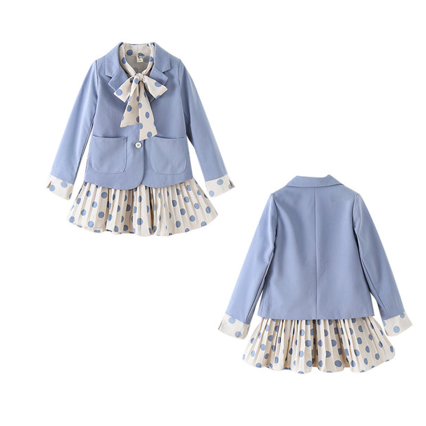 New Children's Clothing Girls Baby Clothes Girls Casual Blazer Solid Color Dot Dress Cloth Set Suit