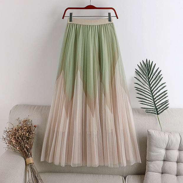 Autumn And Winter Printing Pleated Skirt High Waist Slimming Mesh Color Contrast Patchwork