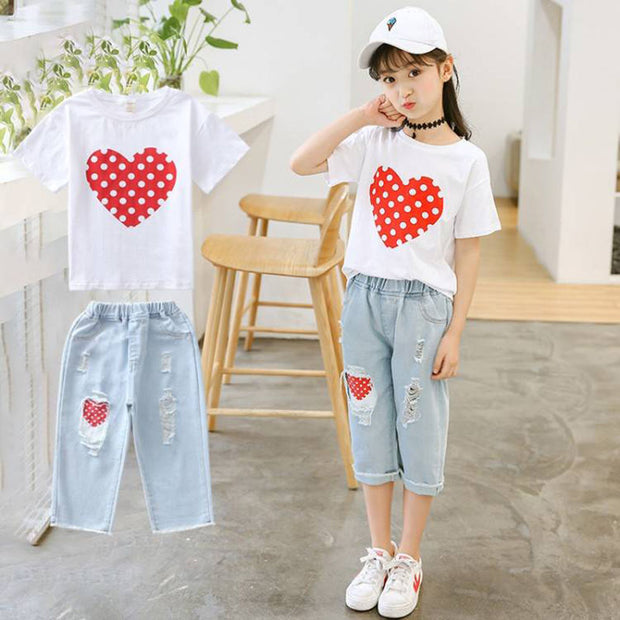 Girls White T-shirt Ripped Jeans Kids two-piece