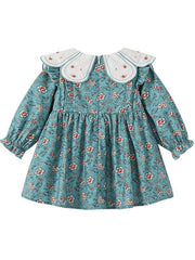 Peacock Blue Girl Floral Autumn Baby Girl Petal Collar Princess Dress Children's Clothing